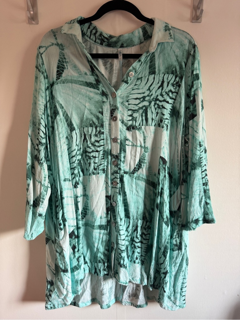 Blue Sky Linen Bamboo Tunic Button Front Art Print Top L Fair Trade Boho